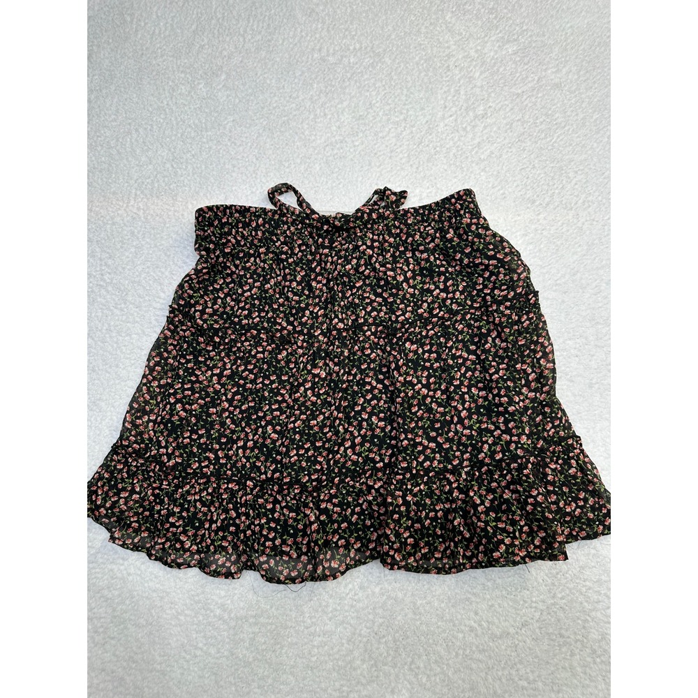 Sienna Sky Black Floral Ruffle Mini Skirt Size L‎ Drawstring Waist